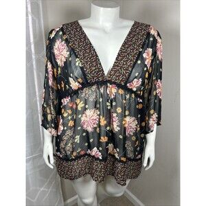Avenue Tunic Top 22/24 Black Floral Boho‎ Romantic Cottagecore Sheer Longline
